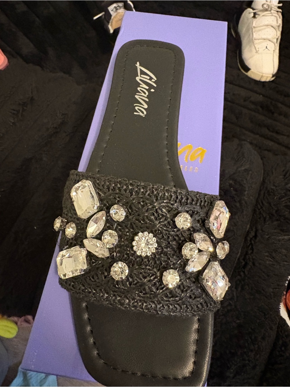 Aviana Black Jeweled Crochet Slide Mule